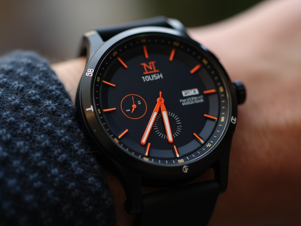 Close-up of a stylish black watch with orange details on a person's wrist, displaying time and activity tracking.