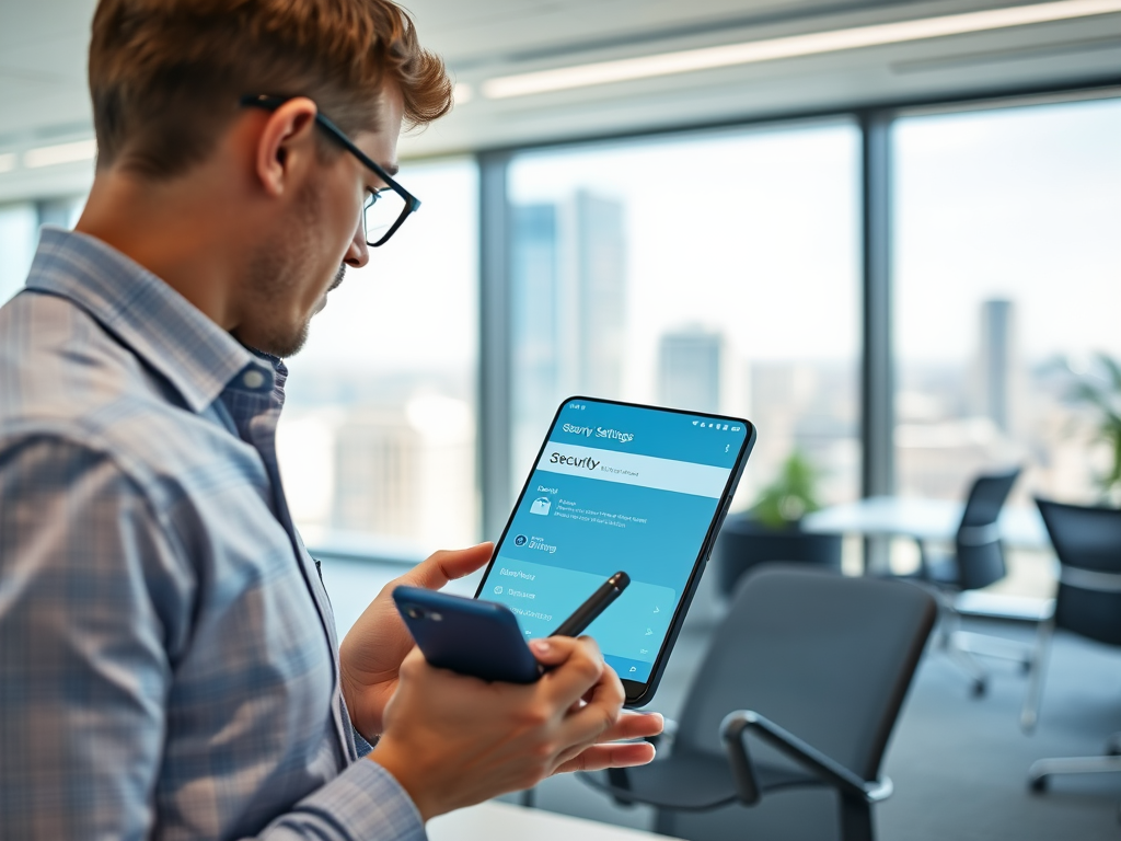 A man in a blue shirt checks security settings on a tablet while holding a smartphone, in a modern office setting.