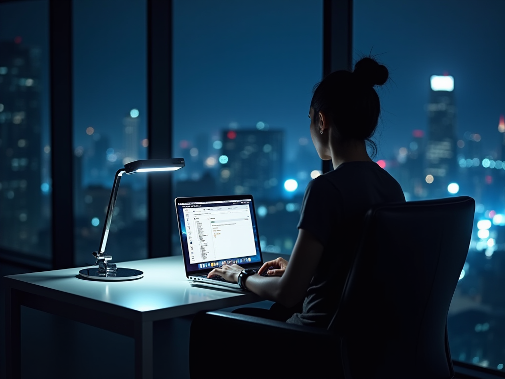 Woman working on laptop at night with city skyline background.