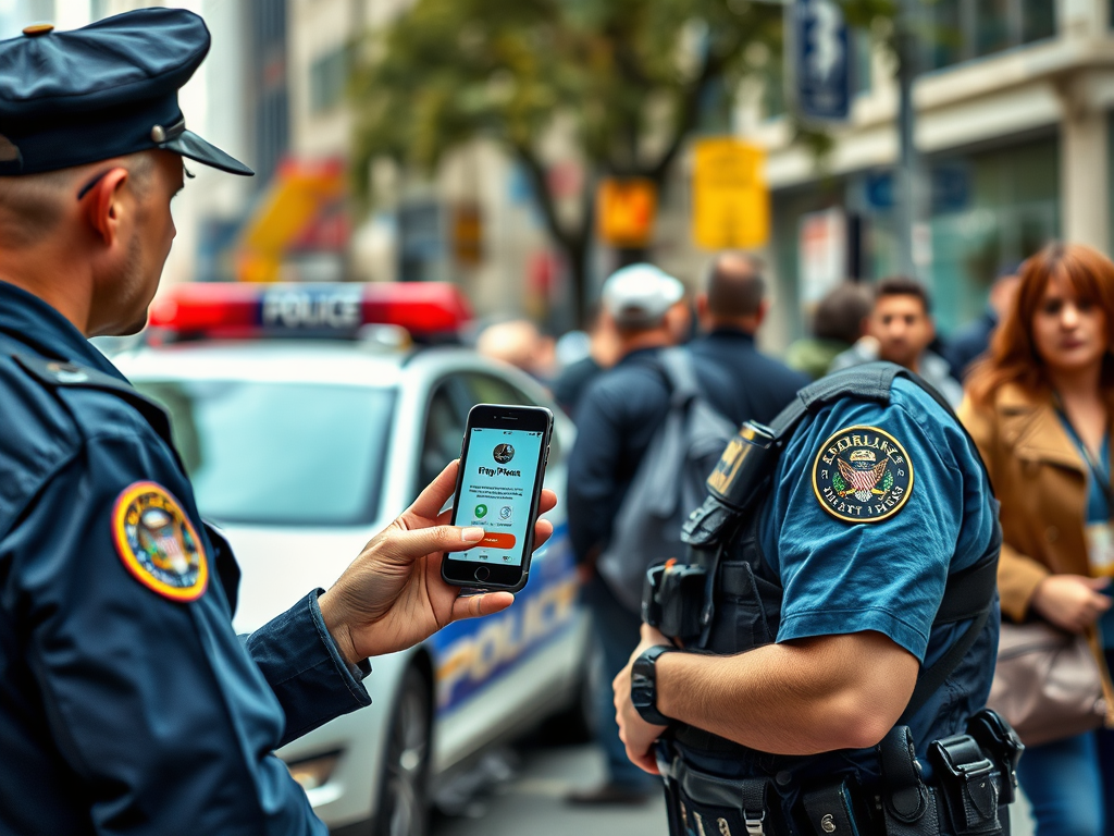 Two police officers are on the street, one checking a phone, with a police car and a crowd visible in the background.
