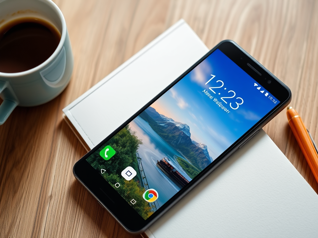 A smartphone displaying a scenic wallpaper shows the time as 12:23, placed near a cup of coffee and a notebook.