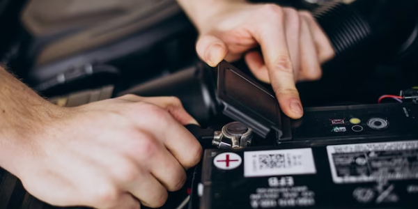 A car battery tester being used to check the voltage of a car battery