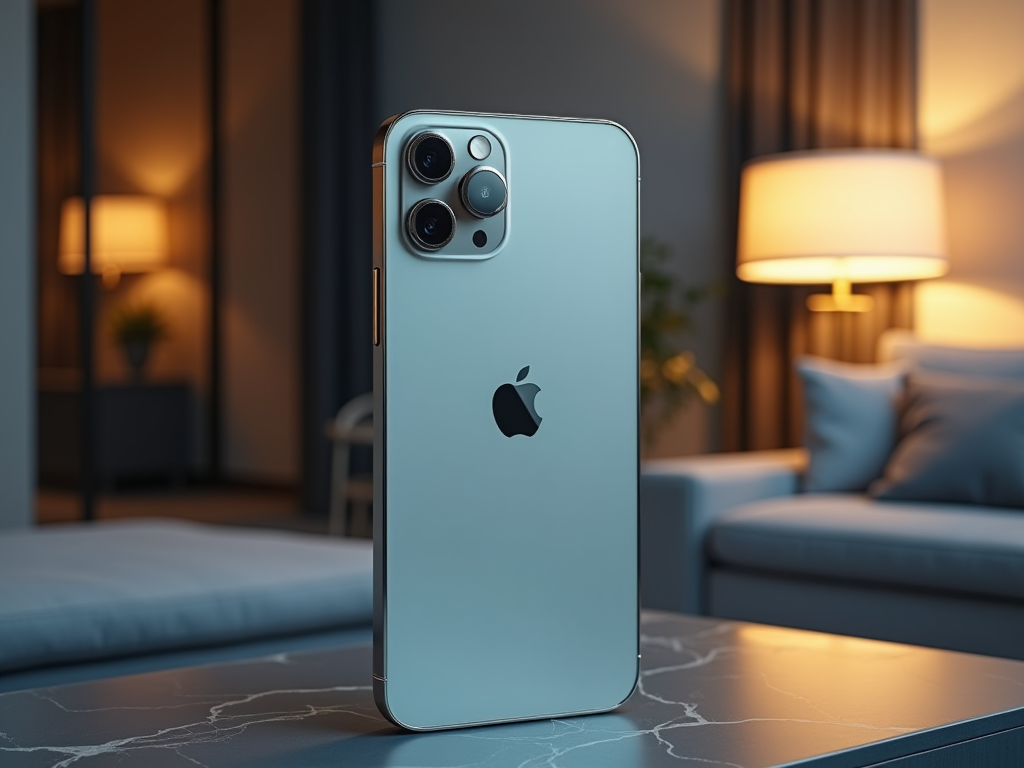 Silver smartphone with triple-camera setup on a table in a warmly lit room.