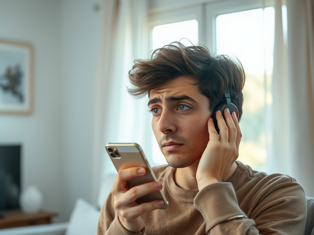 A young man with headphones looks thoughtfully at his phone, seated in a bright room with soft lighting.
