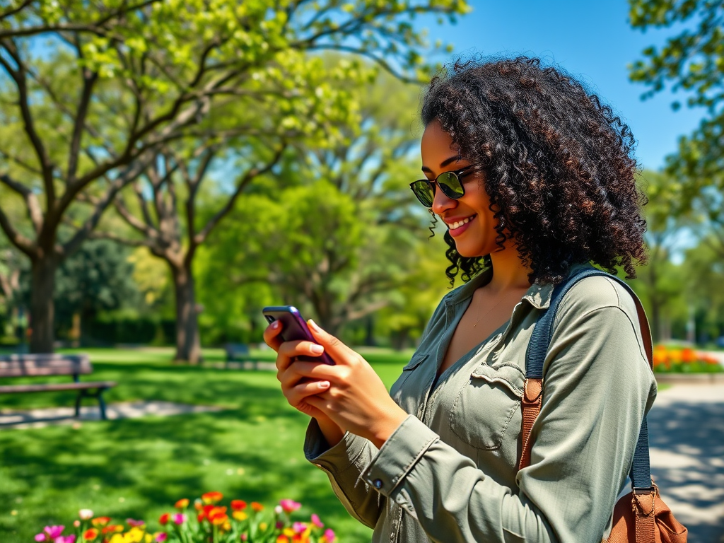 A smiling woman in sunglasses checks her phone in a sunny park surrounded by greenery and flowers.