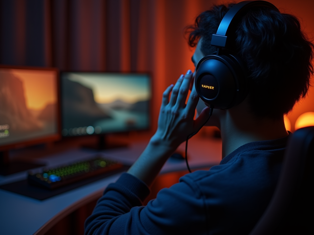 Person with headphones engaged in gaming with two screens in a dimly lit room.