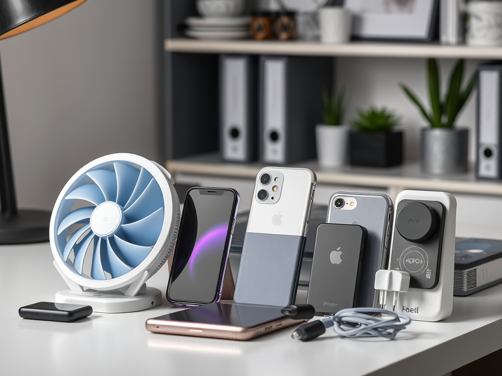 A table with a fan, multiple smartphones, a charger, and cables, set against a modern workspace backdrop.
