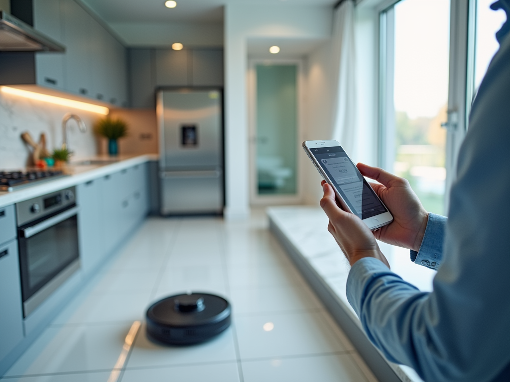 Person using a smartphone to control a robotic vacuum cleaner in a modern kitchen.