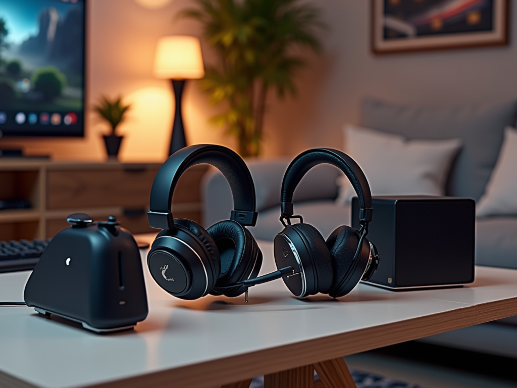 Black headphones on a wooden desk, with a computer, speakers, and dimly lit room in the background.