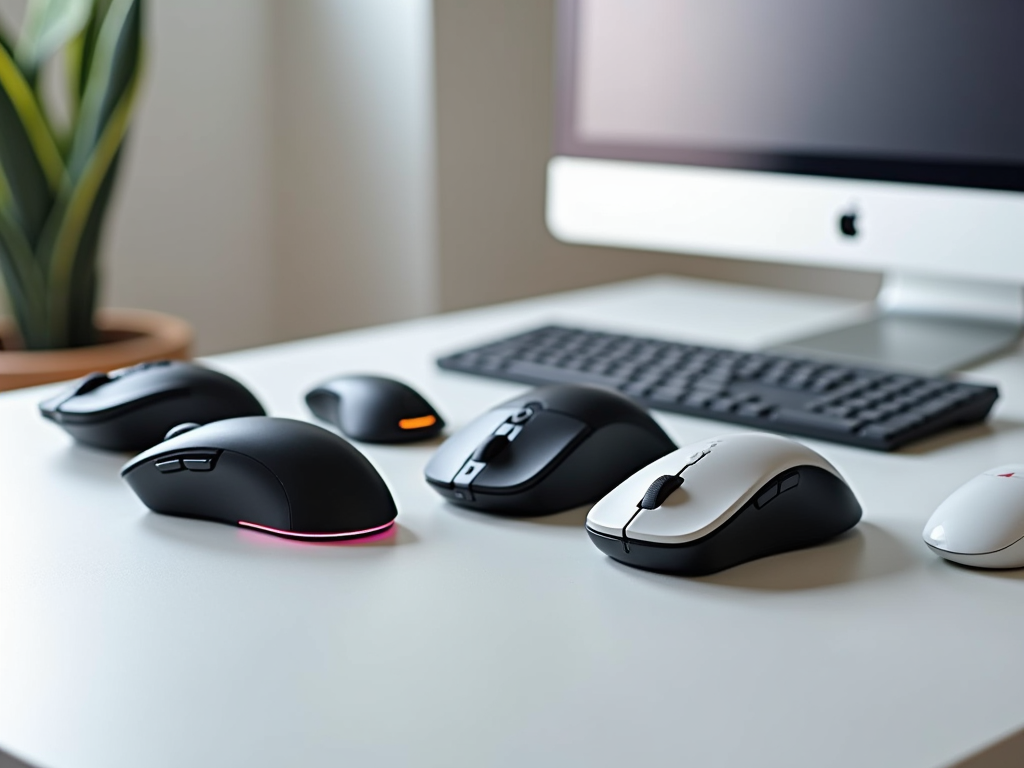 Line of various computer mice on a desk with a keyboard and monitor in the background.