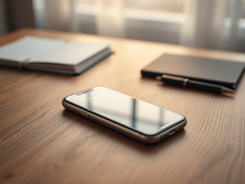 A smartphone on a wooden desk beside an open notebook and a closed notebook with a pen. Natural light in the background.