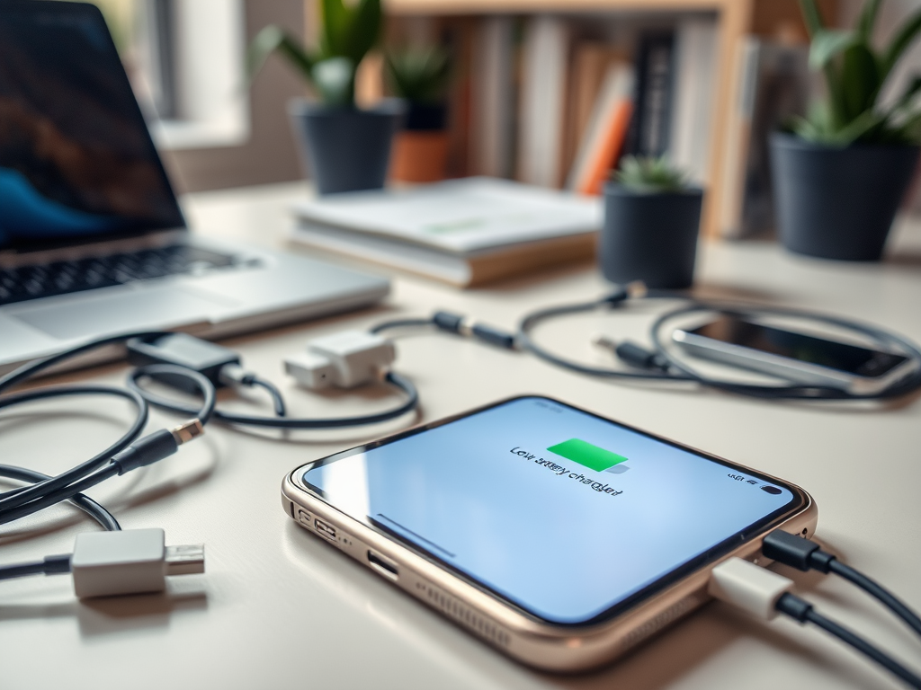 A smartphone with a low battery warning is charging next to a laptop, cables, and small potted plants.