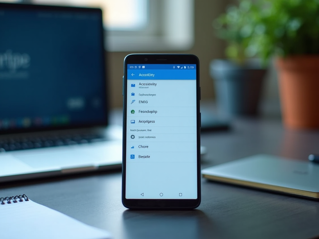 Smartphone displaying a list of settings on a desk with a laptop and plant in the background.