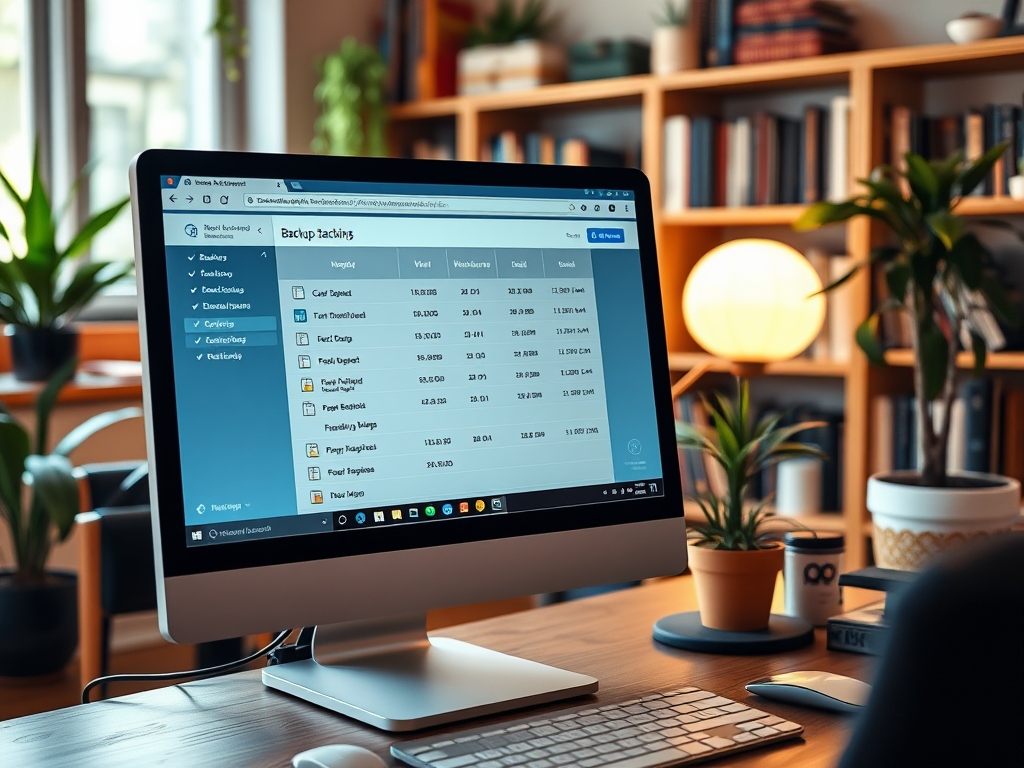A computer screen displays backup tracking data, with graphs and text laid out in a cozy workspace surrounded by plants.