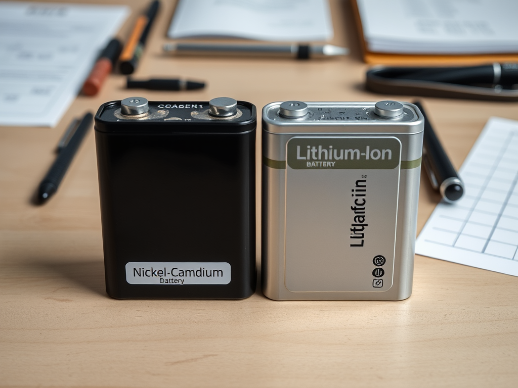 Two batteries on a desk: a black Nickel-Cadmium battery and a silver Lithium-Ion battery, surrounded by stationery.