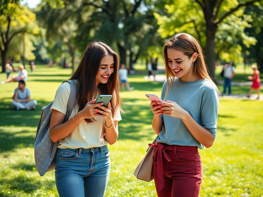 Two young women are smiling while using their phones in a sunny park, surrounded by greenery and people in the background.
