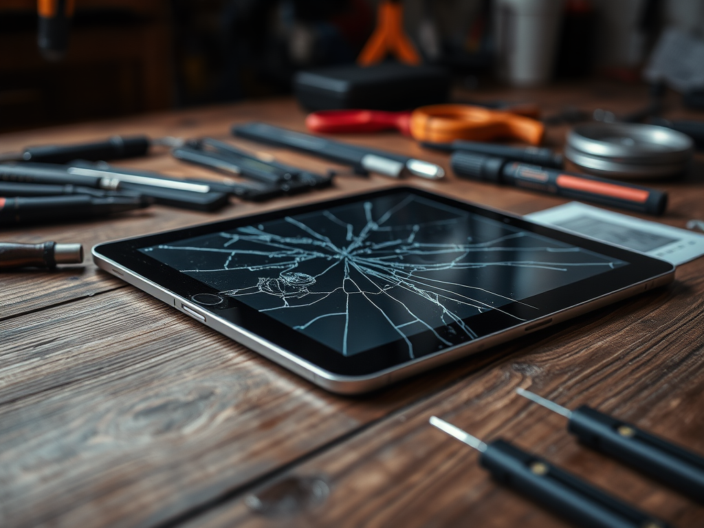 A broken tablet with a cracked screen on a wooden table surrounded by various tools.