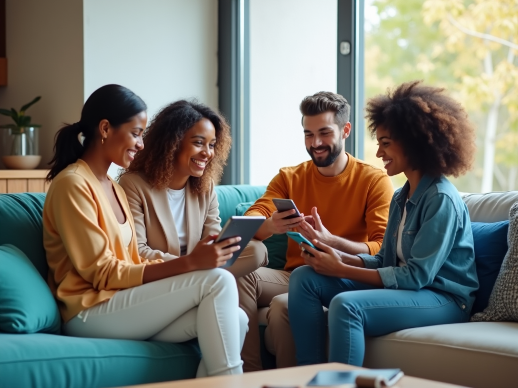Four friends using smartphones and tablet on a couch, laughing and sharing content in a brightly lit room.