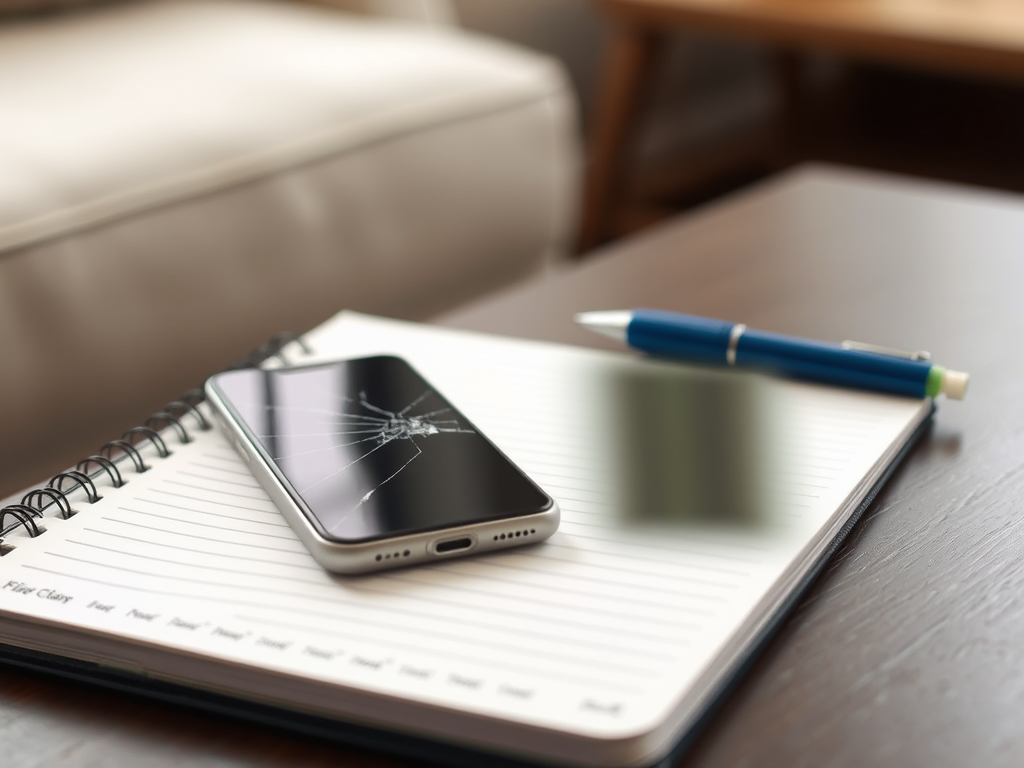 A broken smartphone sits on a notebook, next to a blue pen, on a wooden table in a cozy setting.