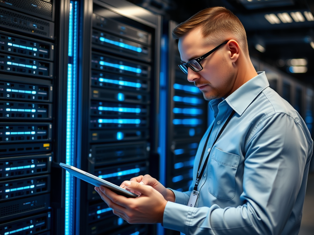 A focused man in a blue shirt checks data on a tablet in a server room filled with illuminated racks.