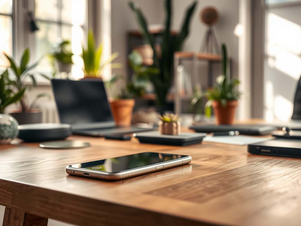 A smartphone rests on a wooden desk surrounded by plants, a laptop, and various accessories. Natural light illuminates the scene.