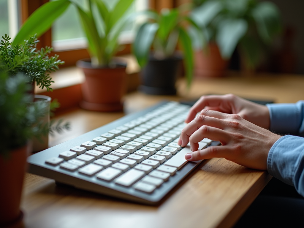 Person typing on a keyboard by window surrounded by houseplants.
