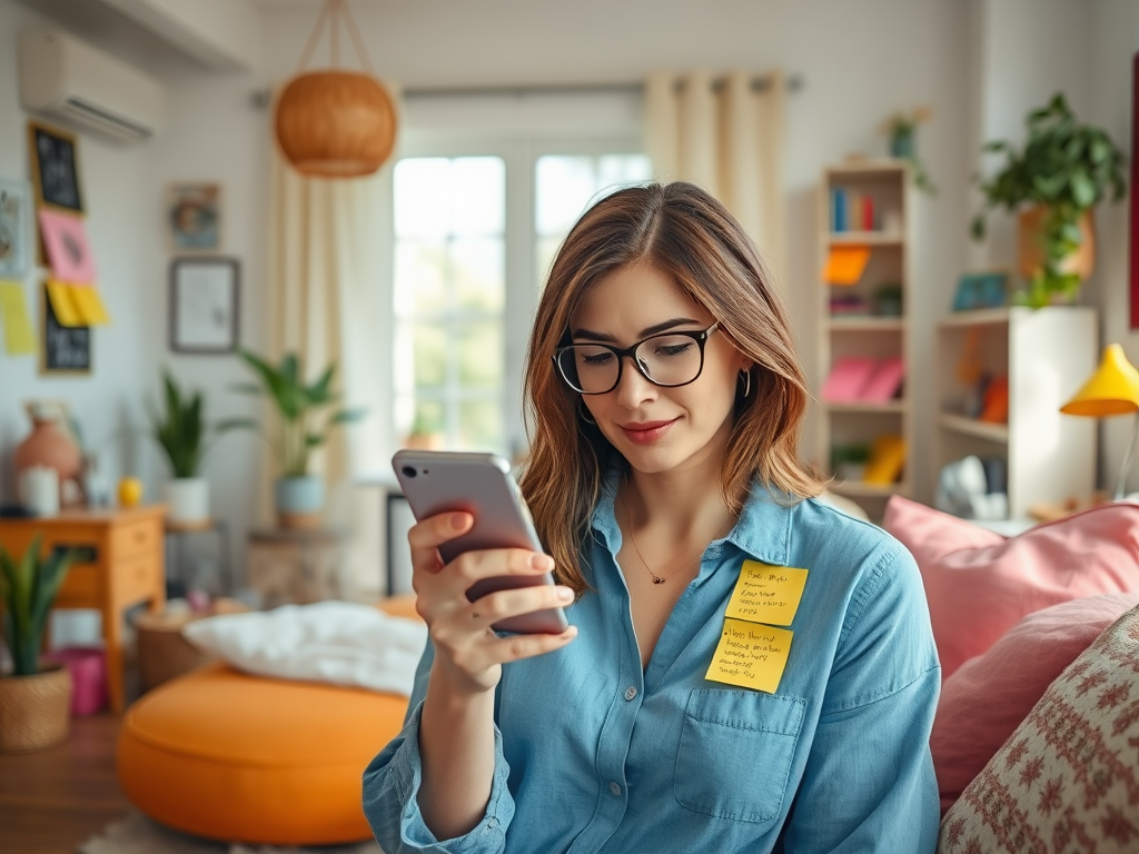 A woman with glasses looks at her phone, sitting in a cozy, colorful room with plants and notes on the walls.
