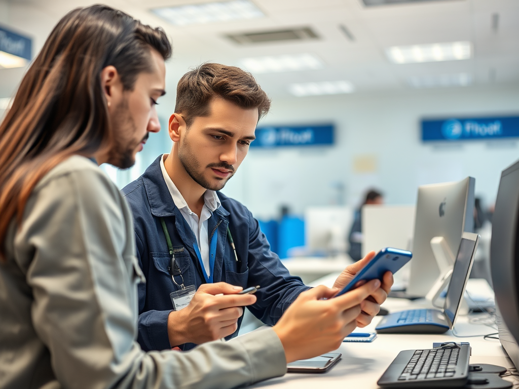 A man and a woman are discussing something on a smartphone at a modern office desk with computers.