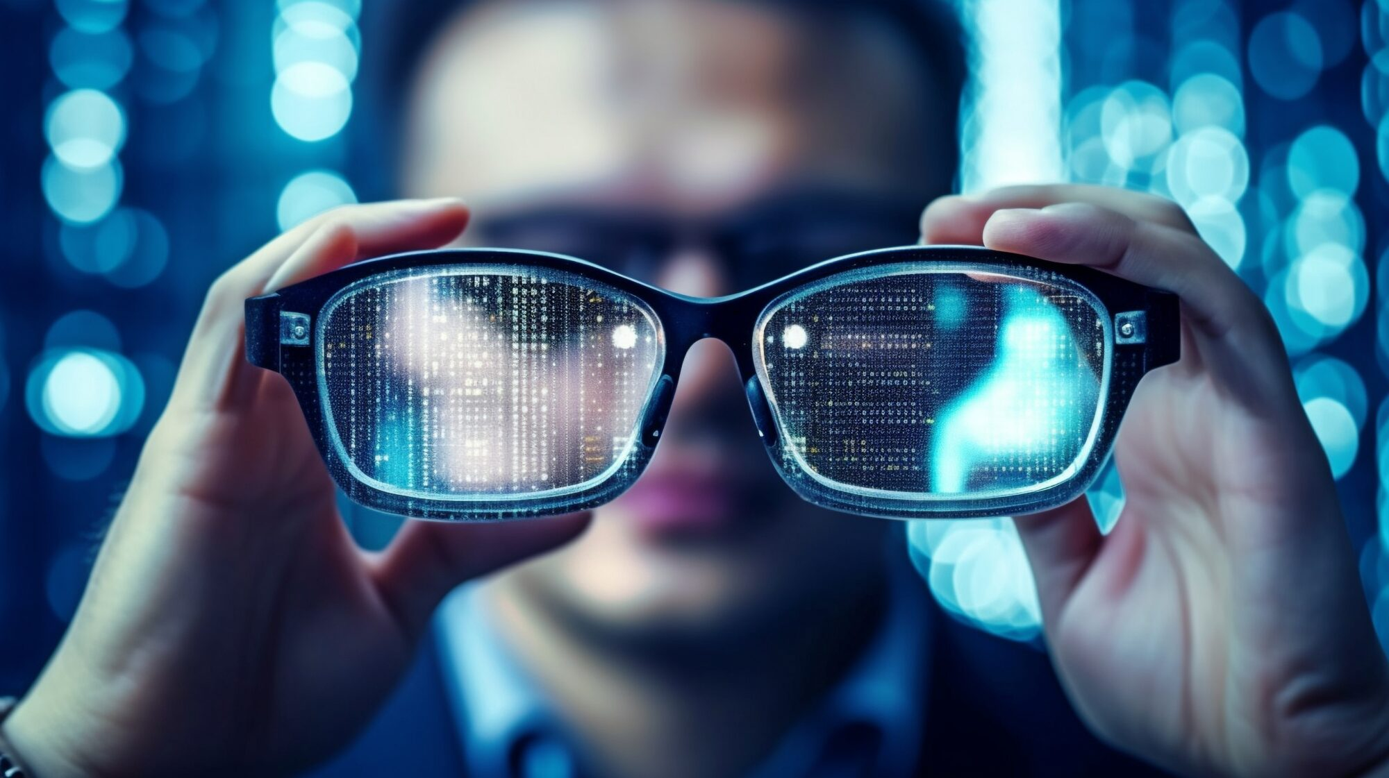 Person holding smart glasses showcasing digital interface advancements in smart glass technology.