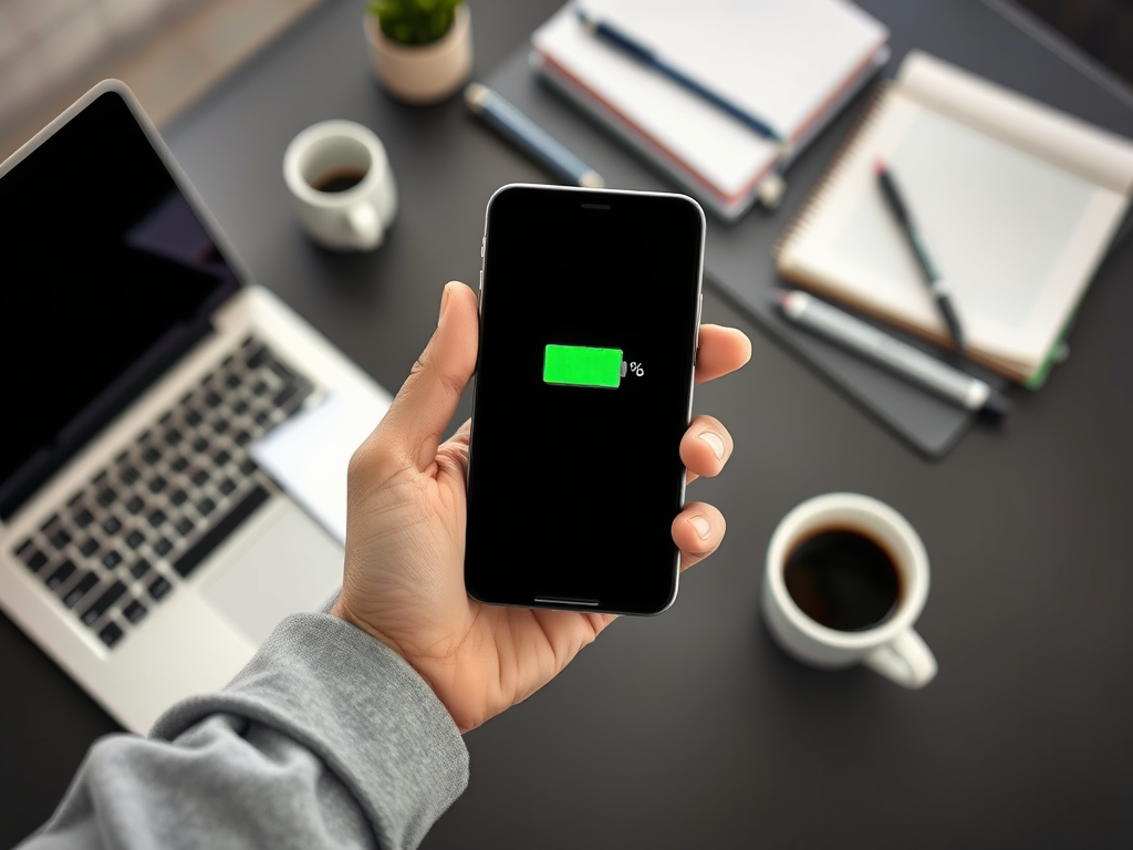 A person holding a phone showing a green battery icon at 100%, with a laptop and coffee in the background.