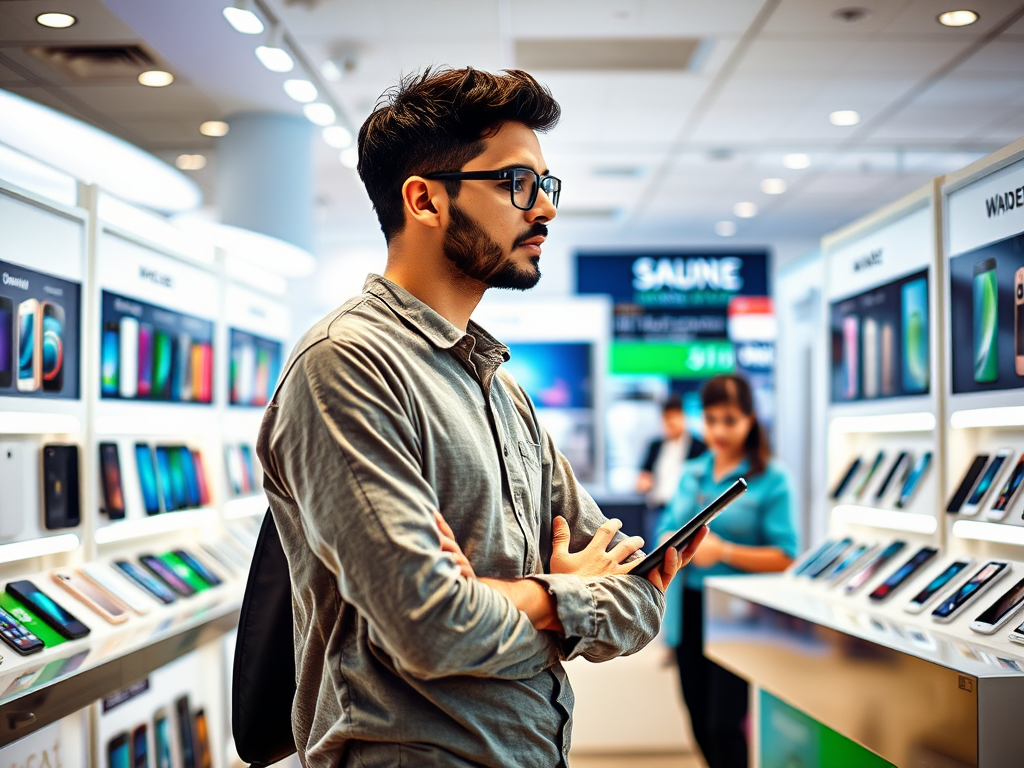 A man with glasses stands in a smartphone store, holding a tablet and contemplating the displayed devices.