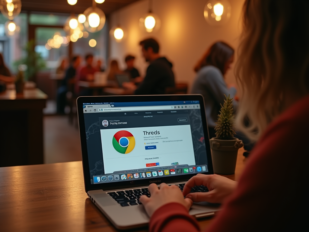 Person using laptop with Google Chrome 'Threads' on screen, in a busy café setting.