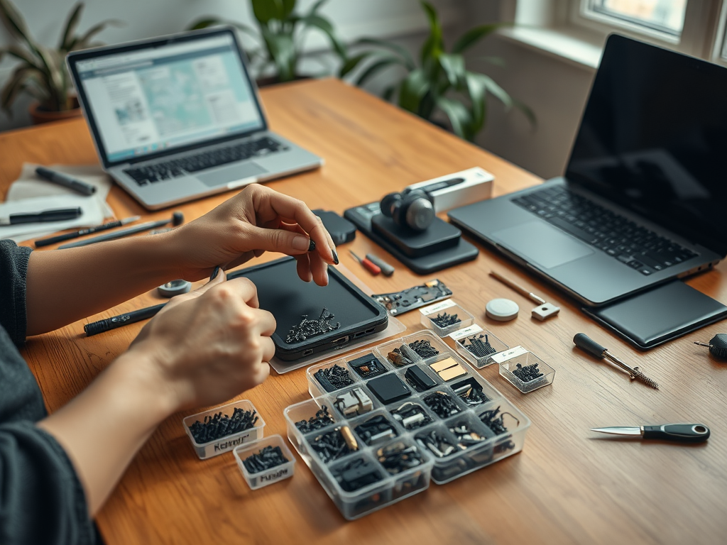 A person sorts small hardware pieces on a wooden desk with laptops and tools nearby.