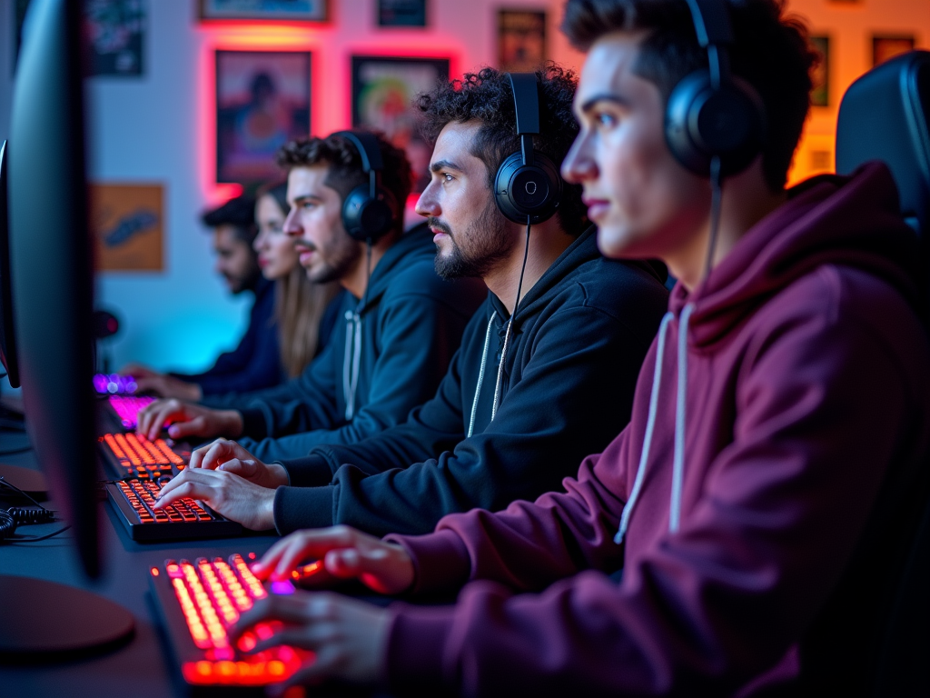 Group of young gamers intensely focused on playing in a vibrantly lit room.