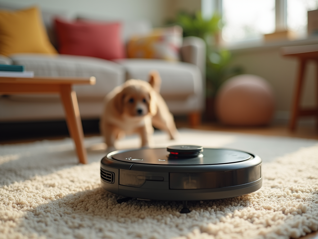 Puppy observing a robotic vacuum cleaner on a carpeted floor in a sunny living room.