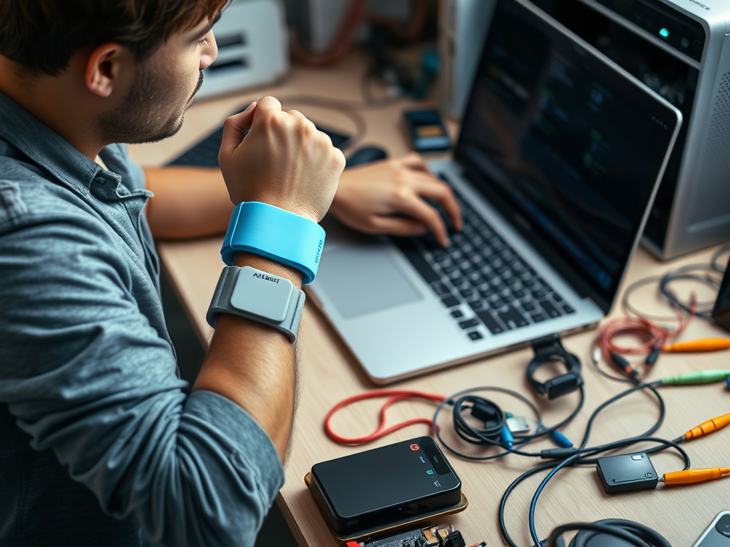 A person works on a laptop surrounded by tech gadgets and accessories, wearing smart wristbands.