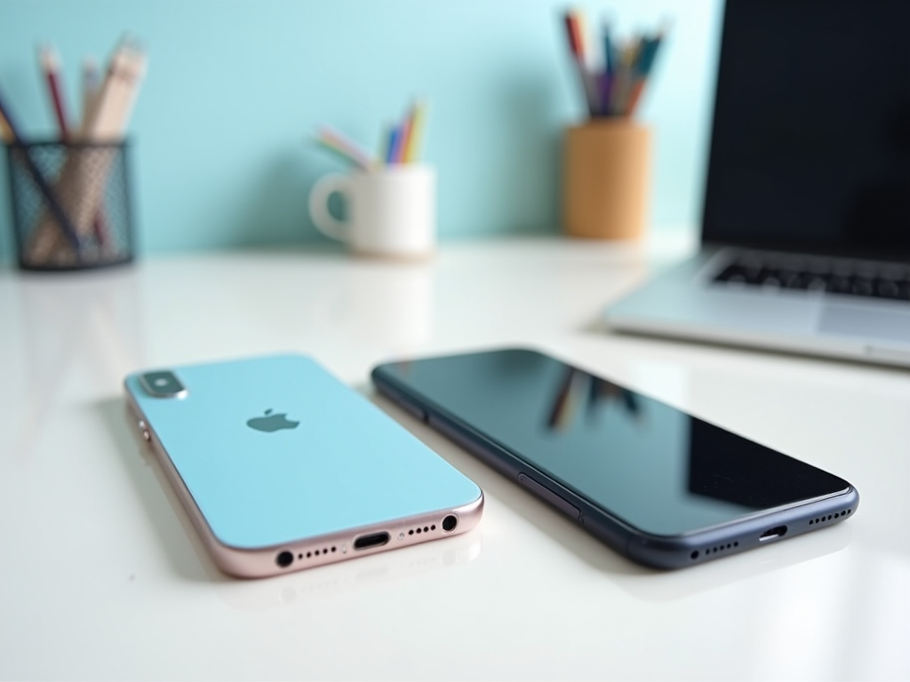 Two smartphones on a desk with pens and a laptop in the background.