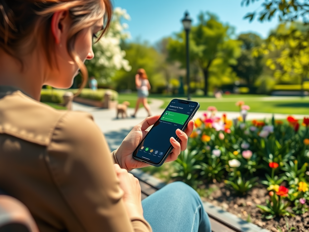 A woman sitting on a bench in a park checks her phone, surrounded by blooming flowers and greenery.