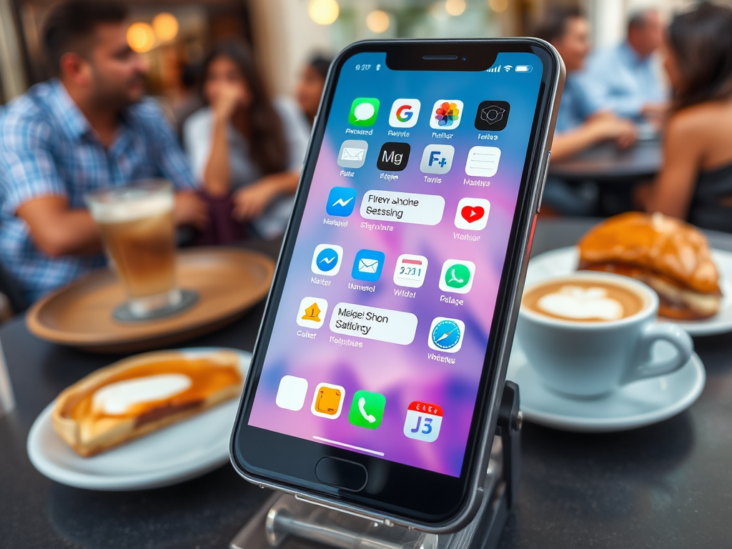 A smartphone on a stand displays various apps, with coffee and pastries on a table in a cafe setting.