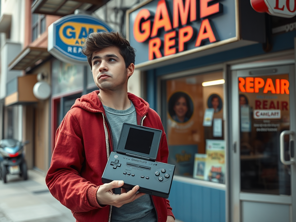 A young man in a red hoodie stands outside a game repair store, holding a portable gaming device.