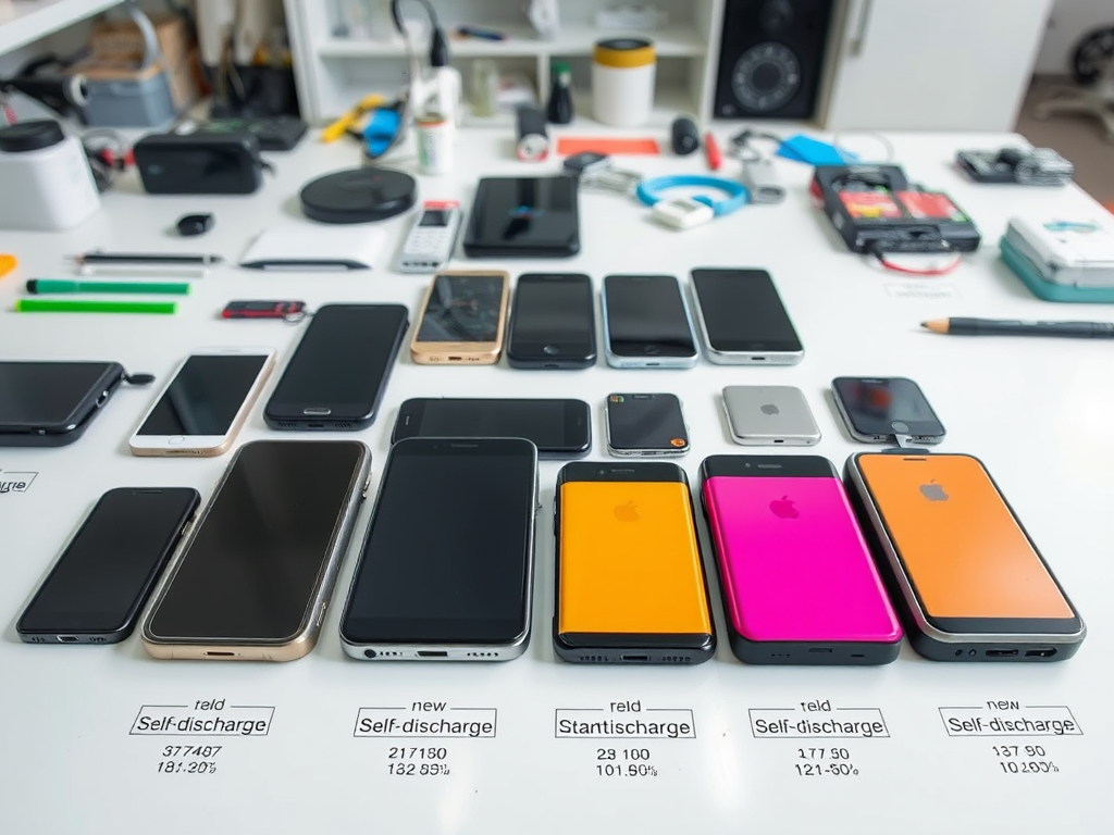 A collection of smartphones and devices placed on a table with labels indicating their self-discharge rates.