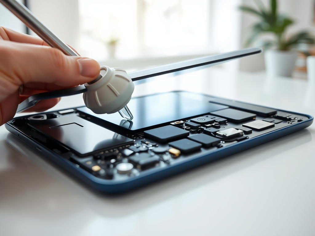 A person using a tool to open a device, revealing its internal components on a clean, modern workspace.