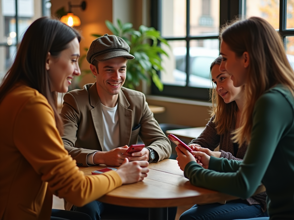 Three friends sharing a cheerful moment over smartphones at a cozy cafe table.