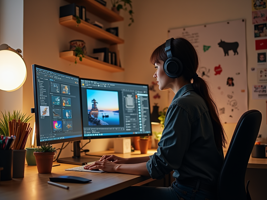 Woman with headphones editing photos on a computer in a cozy home office.