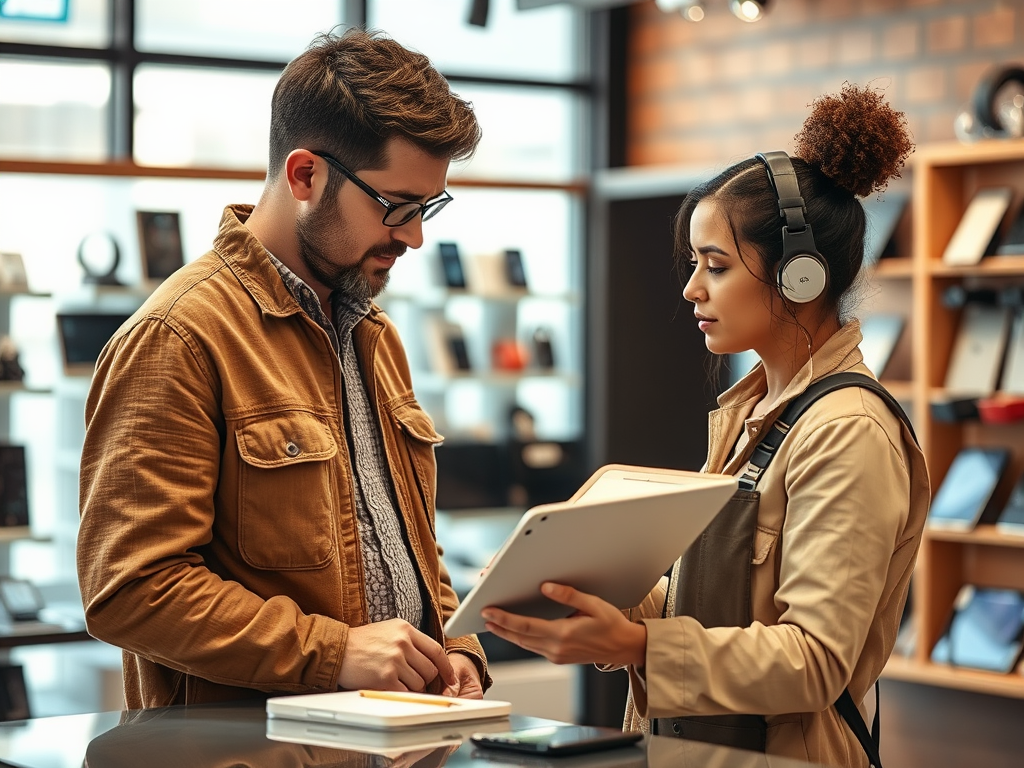 A customer and a store representative discussing products in an electronics store, both focused on a tablet.