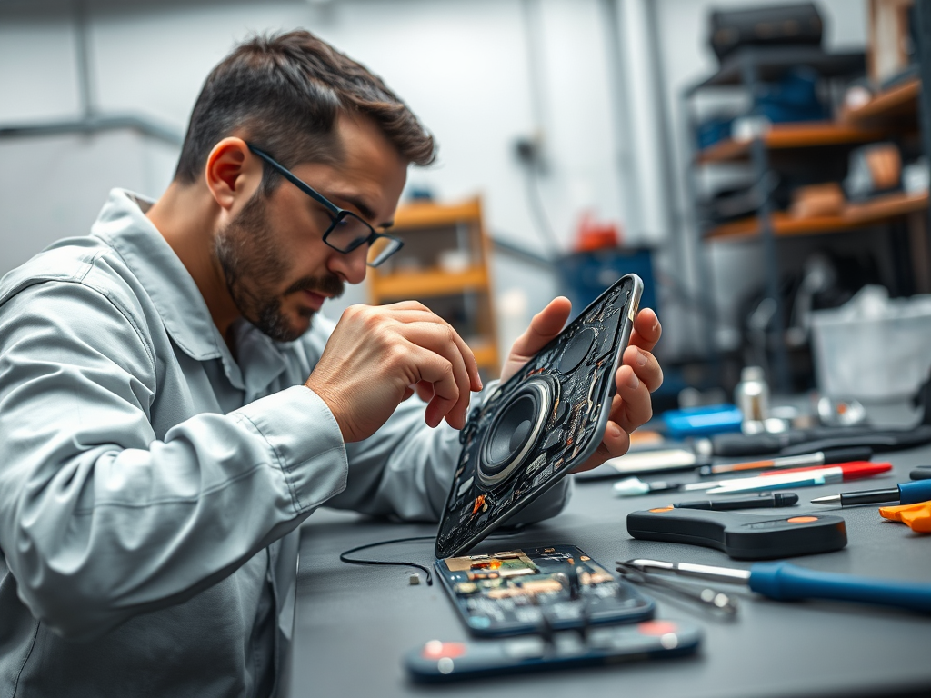 A technician carefully repairs a smartphone's internals, surrounded by tools on a workbench.