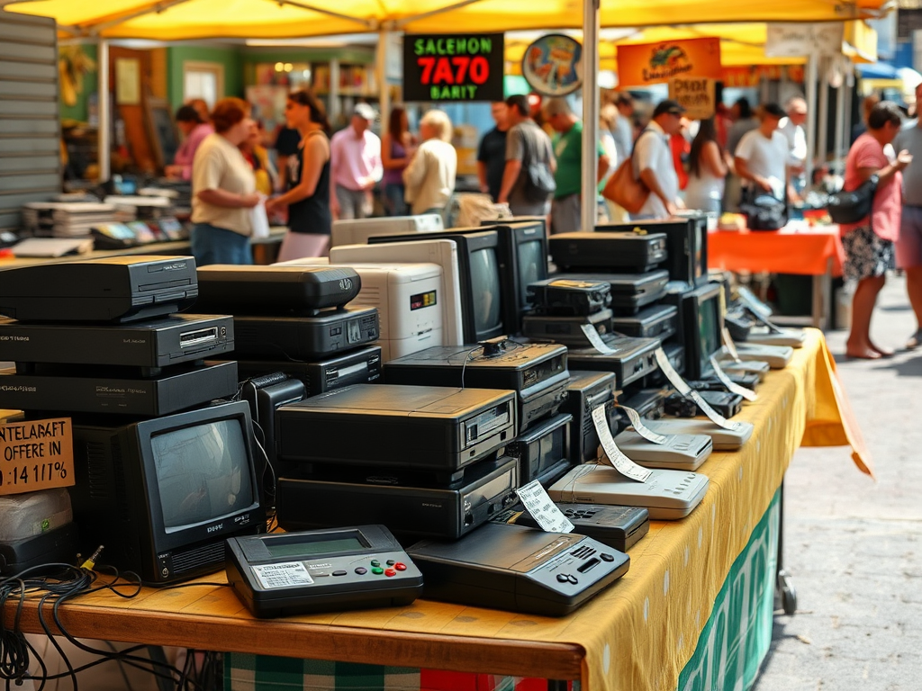A bustling market scene with various vintage electronics like VCRs and monitors displayed on a yellow table.