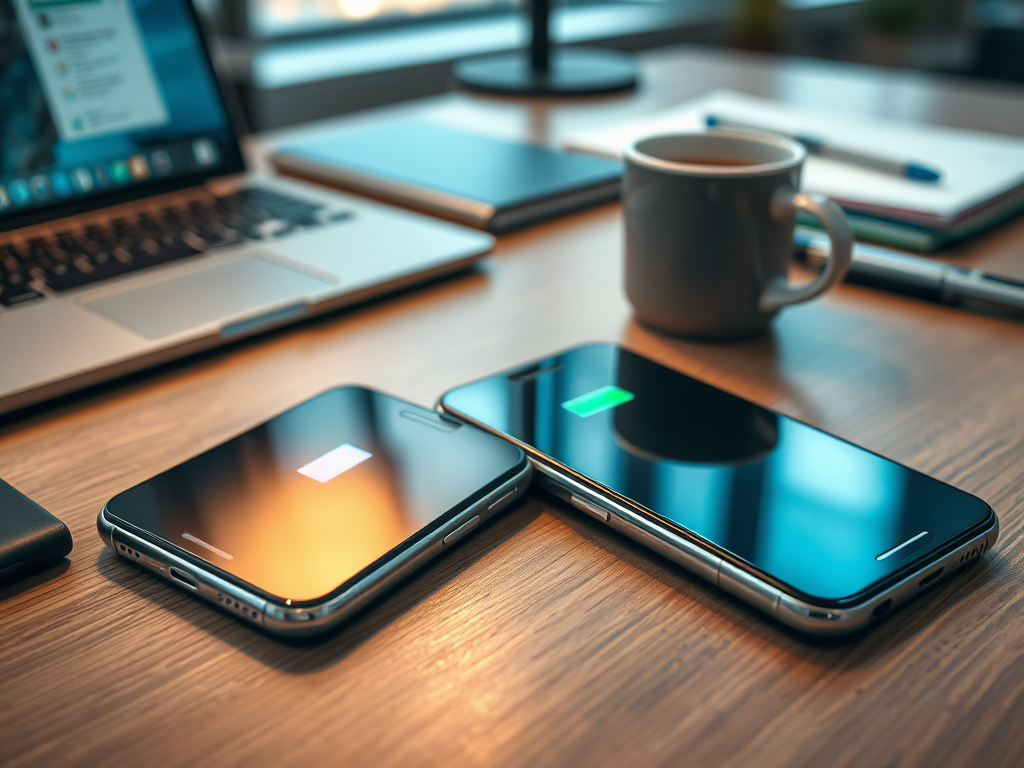 A cozy workspace featuring two smartphones charging beside a laptop, a coffee cup, and stationery.