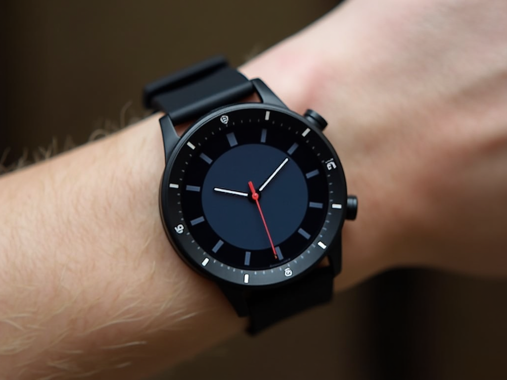A close-up of a person wearing a modern black wristwatch with a red second hand.