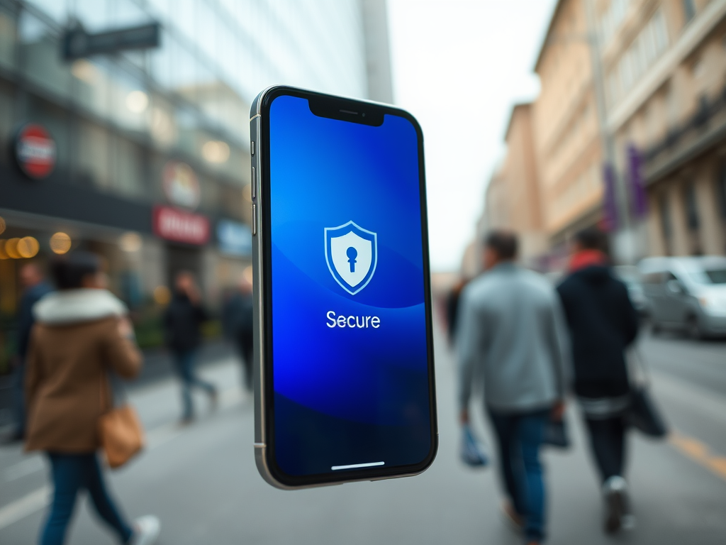 A smartphone displaying a secure lock symbol and the word "Secure," with pedestrians in a city background.